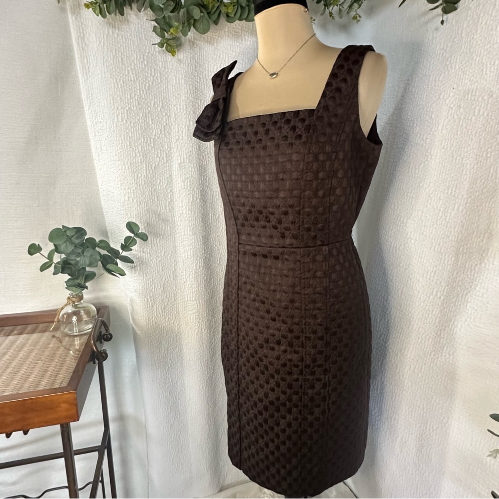 David Meister Chocolate Brown Dot Textured Midi Sheath Lined Dress w/Bow Size 6 - Picture 2 of 15